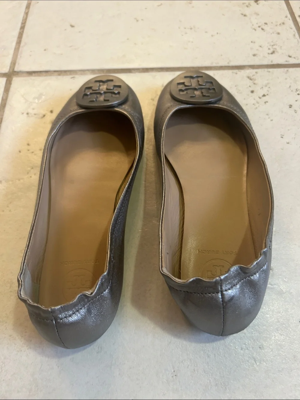 Tory Burch Minnie Travel Ballet Flats Size 6 Silver Gray